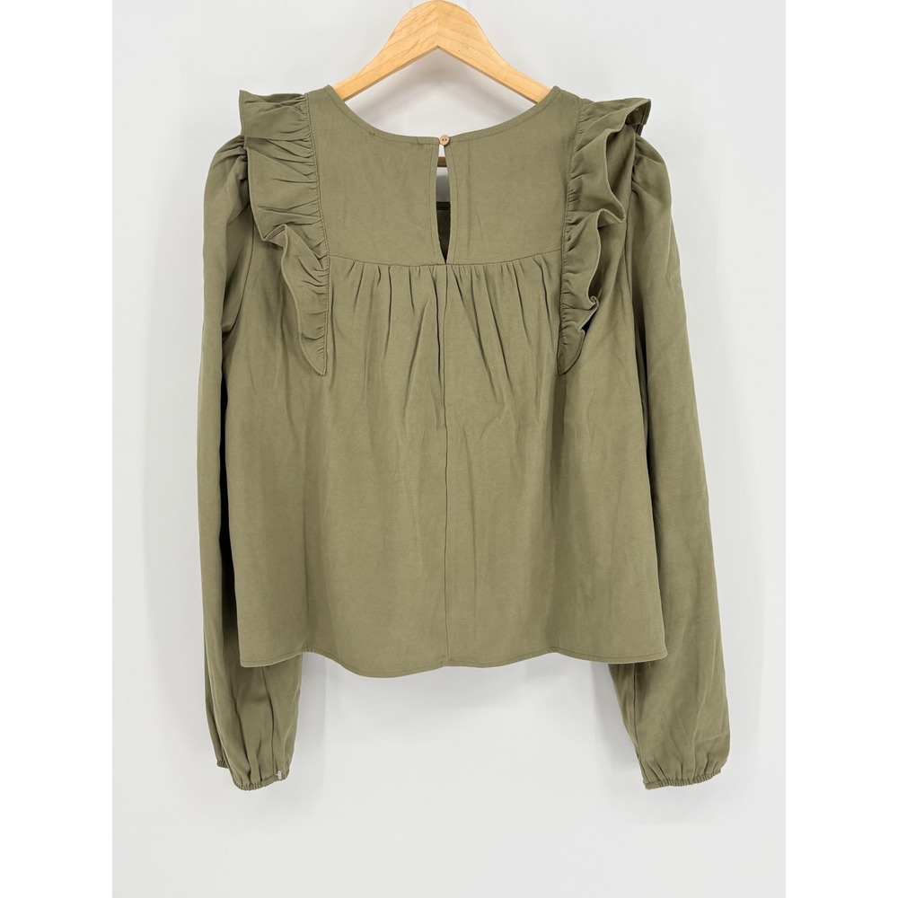 Very J New In Ruffle Smocked Blouse Womens Large Olive Green Long Sleeve Boho - Picture 9 of 14